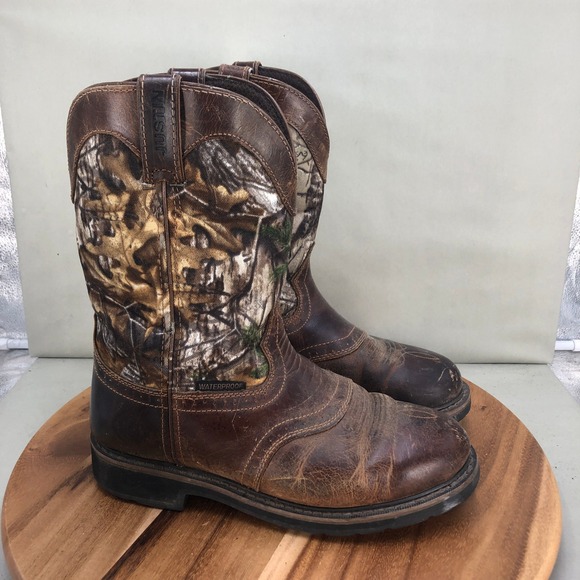 Justin Mens Stampede Waterproof Camo Leather Work Boots Brown Size 10EE EH Rated